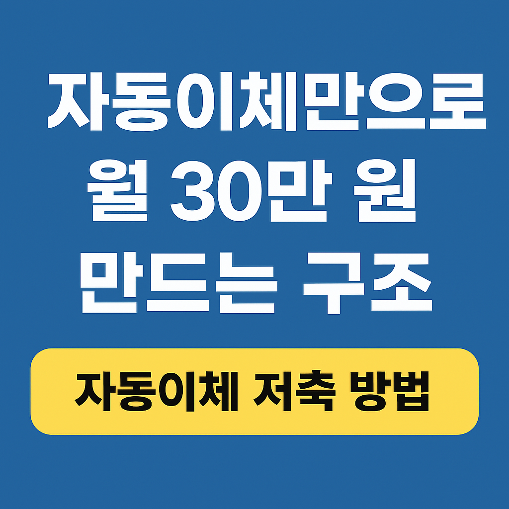 진한 파란색 배경 위에 흰색 고딕체로 &lsquo;자동이체만으로 월 30만 원&rsquo;이라는 문구가 중앙 정렬로 배치되어 있고, 하단 노란색 박스 안에는 &lsquo;계좌 자동화 전략&rsquo;이라는 강조 문구가 들어간 카드형 이미지