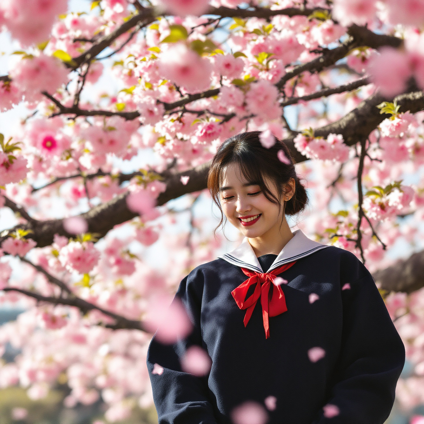 벚꽃 아래 웃고 있는 여자 AI 생성 이미지