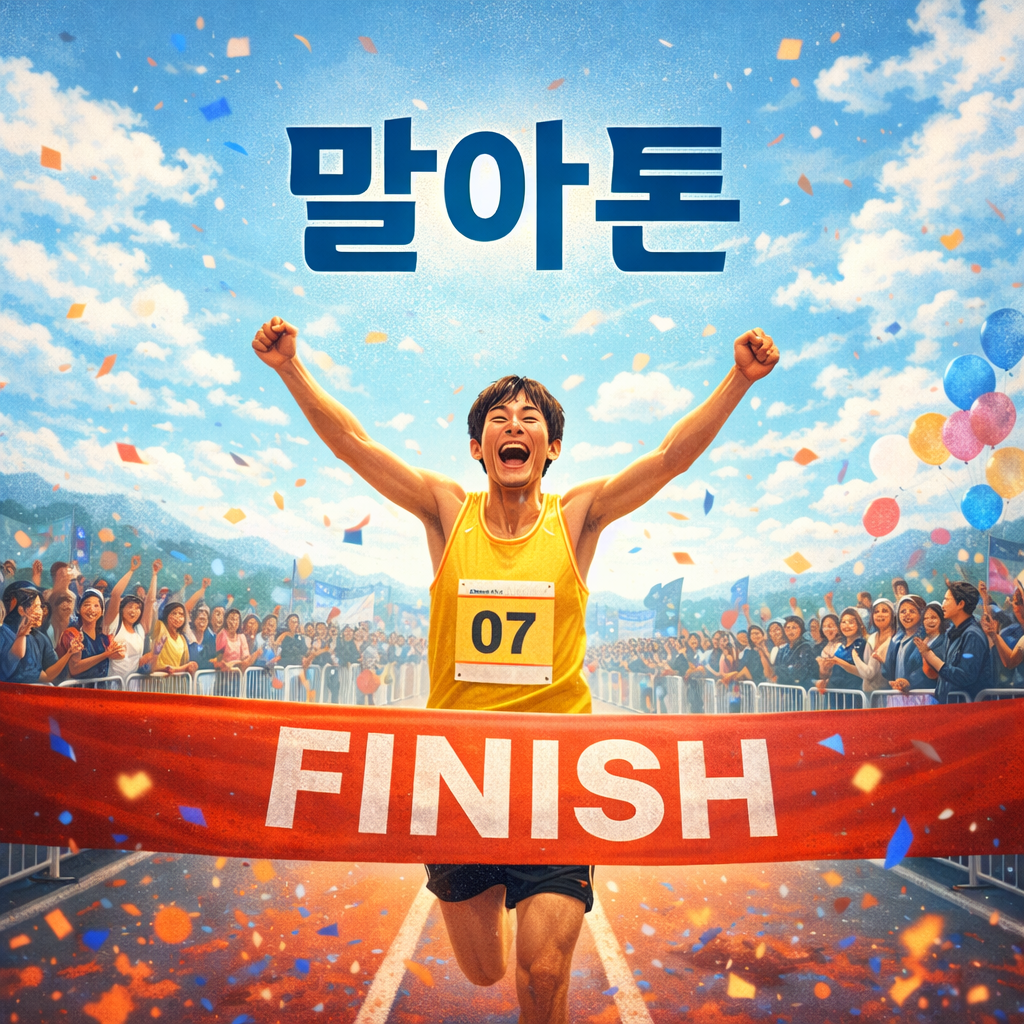 마라톤 피니시라인을 행복하게 통과하고 있는 주인공 사진. 말아톤 문구가 삽입되어 있음.