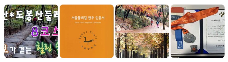 서울둘레길 8코스 트레킹 전경과 완주 인증서, 메달 및 가을 단풍길