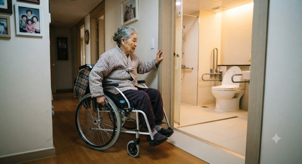 장애인등록증이 교부된 할머니가 화장실에 가는 모습