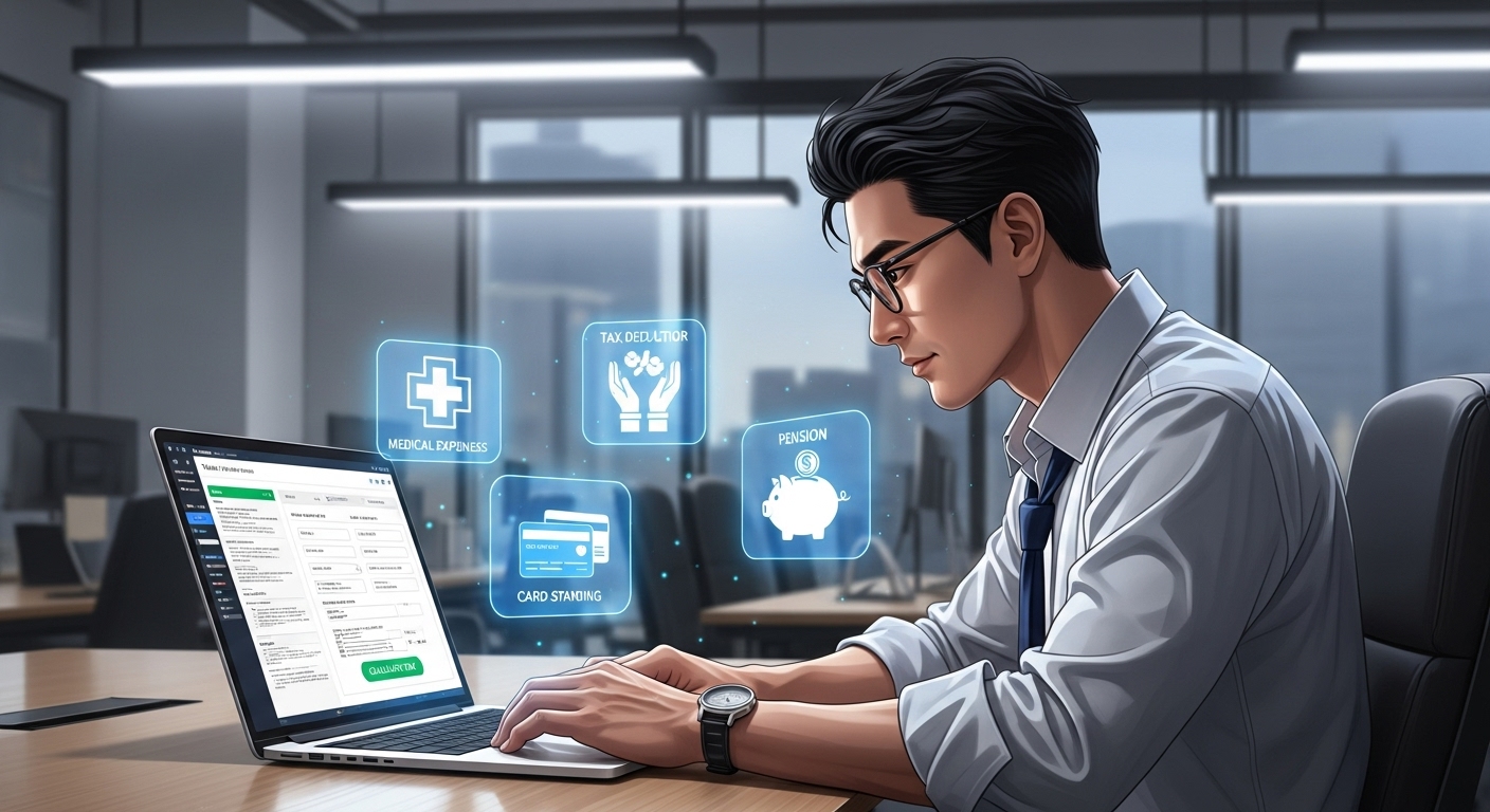 한국인 직장인이 노트북으로 연말정산 계산기를 사용하며 공제 항목 아이콘(의료비, 기부금, 카드사용, 연금저축 등)을 살펴보는 장면