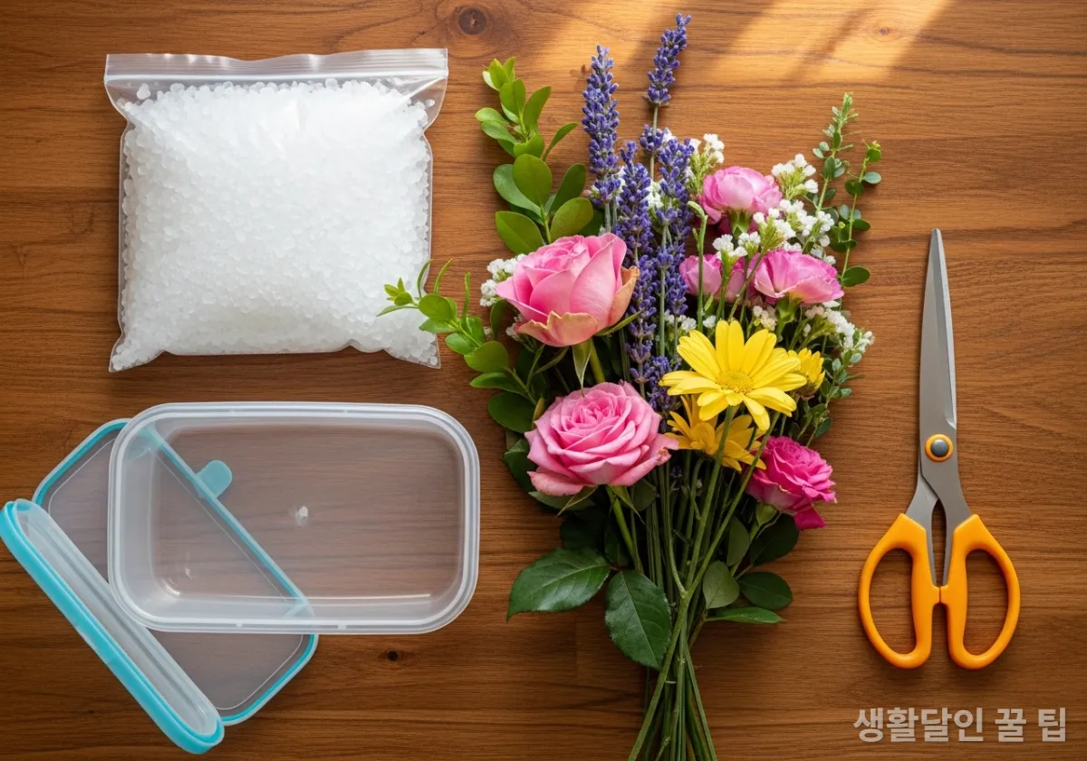 실리카겔 드라이플라워 만들기 준비물: 가위, 밀폐용기, 꽃