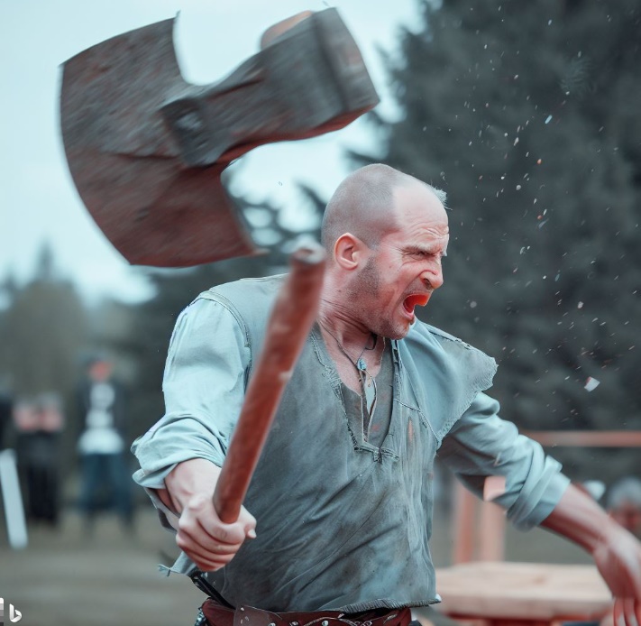 도끼의 머리가 손잡이에서 빠져 날아가는 모습(made by Bing)