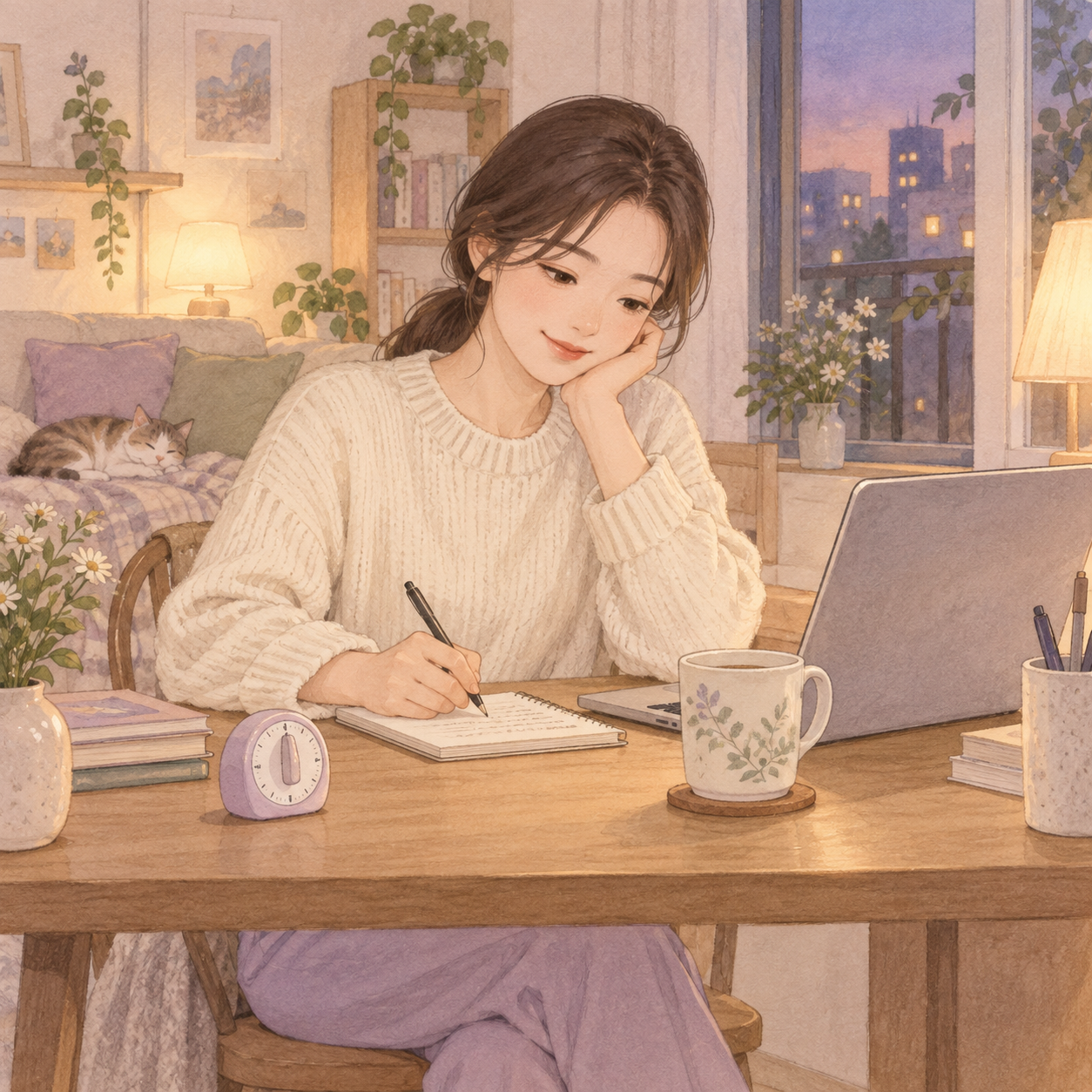 짧은 과제 메모를 남기고 차분하게 다음 행동을 준비하는 은서의 일러스트