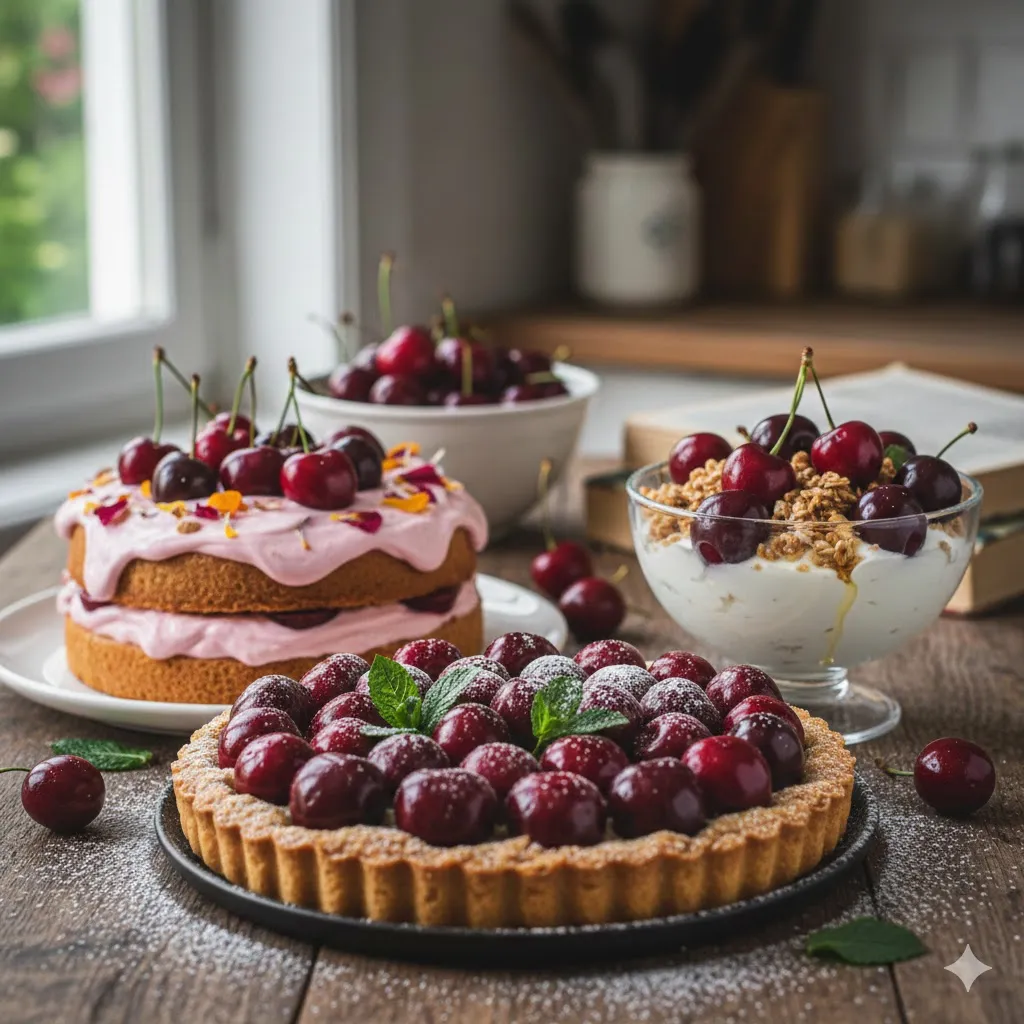 체리가 올려진 타르트&amp;#44; 케이크&amp;#44; 또는 요거트 등 건강한 재료로 만든 홈메이드 디저트가 먹음직스럽게 놓여 있는 모습. 