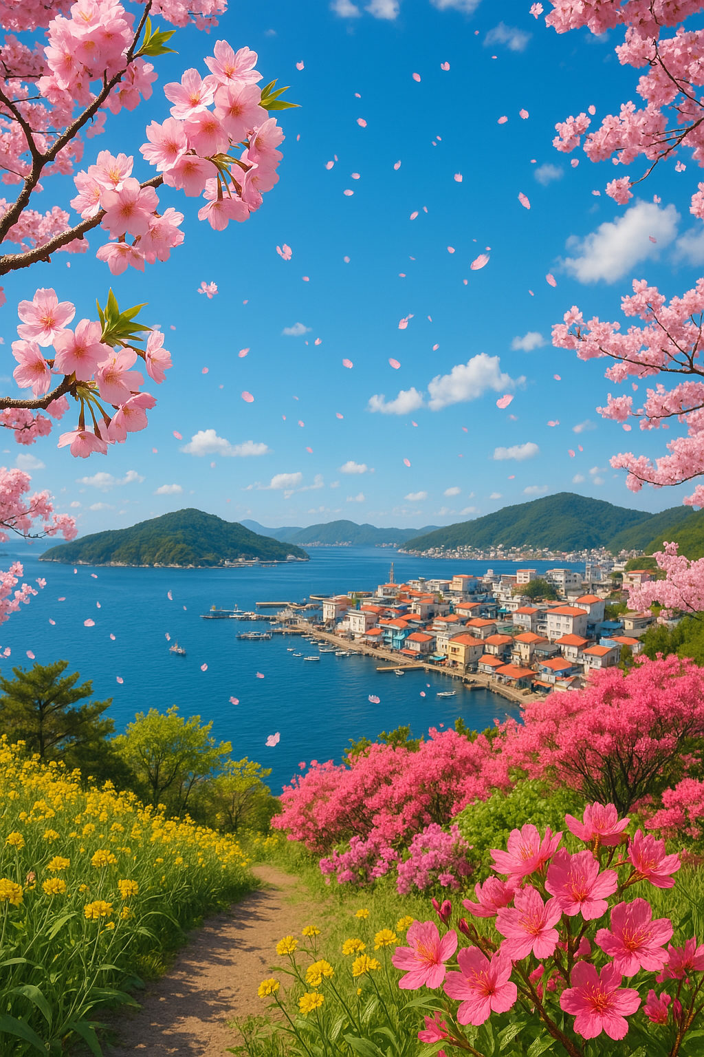 경상남도 통영의 봄을 표현한 이미지(바다와 꽃)