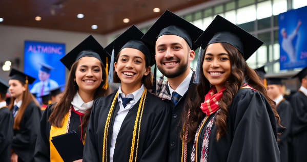 대학 졸업식의 행복하게 웃는 졸업생들의 이미지