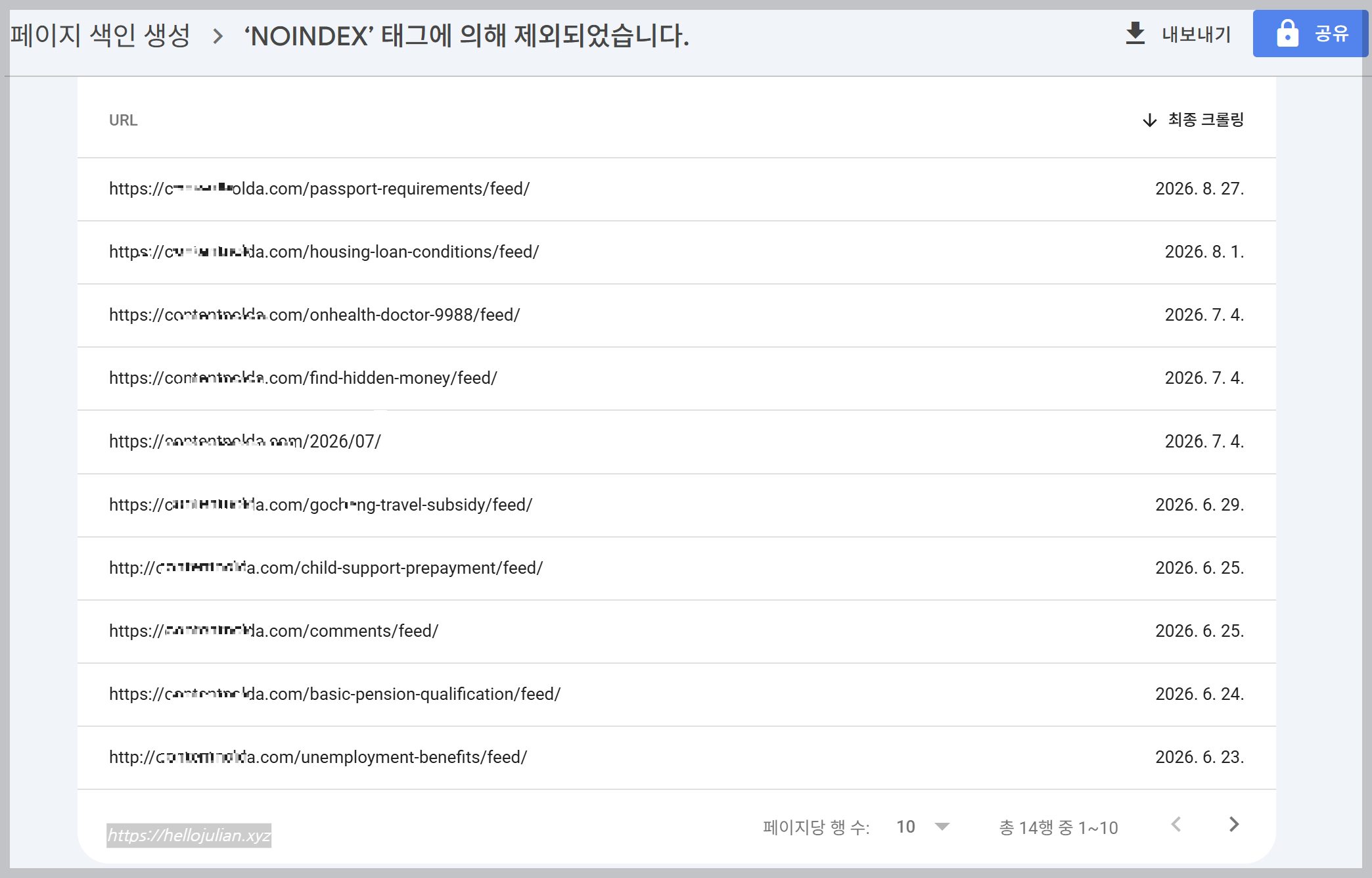 구글 서치콘솔 NOINDEX 태그에 의해 제외된 페이지 확인 화면