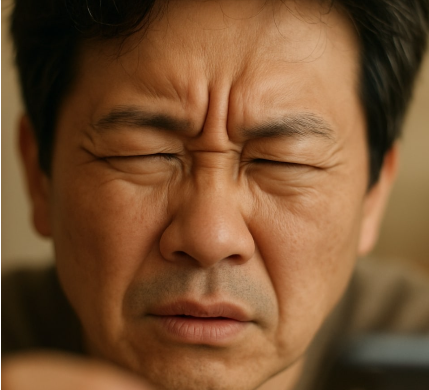 노안 증상으로 가까운 사물을 보기 위해 눈을 찡그리는 중년 한국인 남성의 얼굴 클로즈업