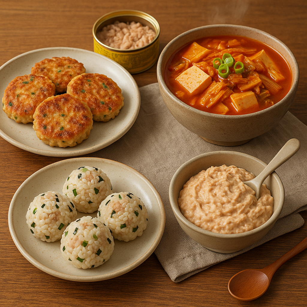 참치마요덮밥, 참치전, 참치김치찌개, 참치 주먹밥을 한상에 차린 모습