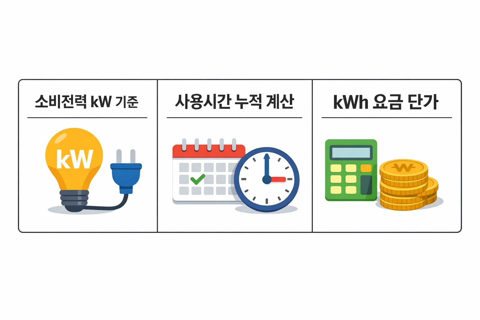 온풍기 소비전력과 사용시간 기준으로 kWh 요금을 계산하는 전기요금 산정 구조 설명 이미지