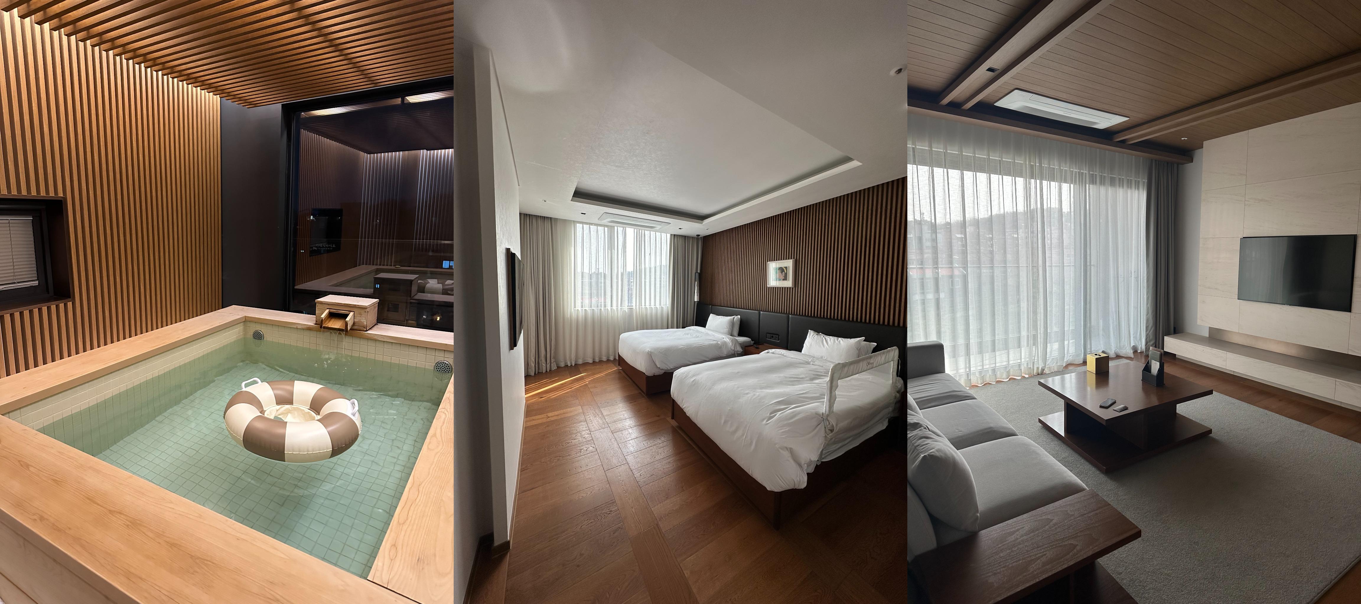 파라스파라 서울 팀버 스위트의 편백탕, 침실, 거실이 함께 보이는 고급스러운 객실 이미지