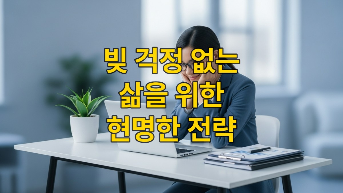 책상에 앉아 웃고 있는 사람, 노트북과 정리된 서류가 보이며 재정적 평온함을 상징하는 파란색 계열의 이미지