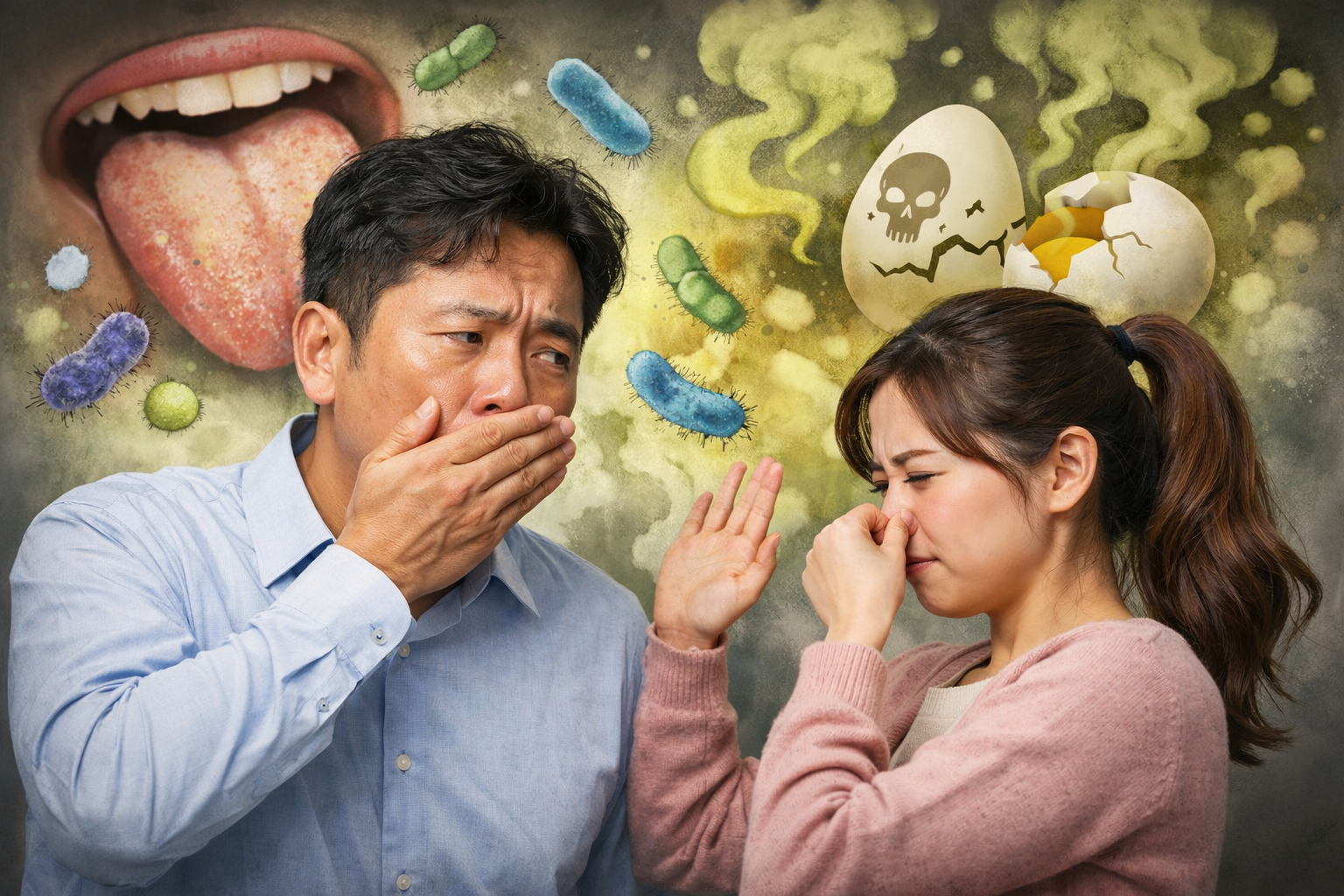 남자, 여자가 입냄새로 힘들어 하는 모습