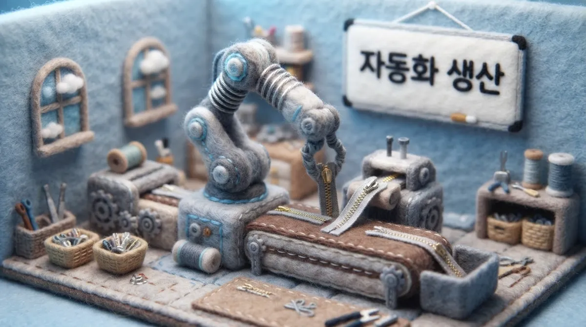 원자재부터 기계 설계까지 자체 제작하는 YKK의 수직 계열화 일관 생산 시스템을 현대적인 자동화 공장의 니들 펠트 양모 미니어처로 표현한 일러스트