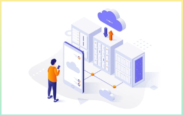 서버 랙에 연결된 스마트폰을 사용하는 사람이 있는 개념 템플릿 클라우드 저장소 서비스용 모바일 응용 프로그램이 파일을 다운로드하거나 업로드하는 장면 최신 아이소메트릭 벡터 그림