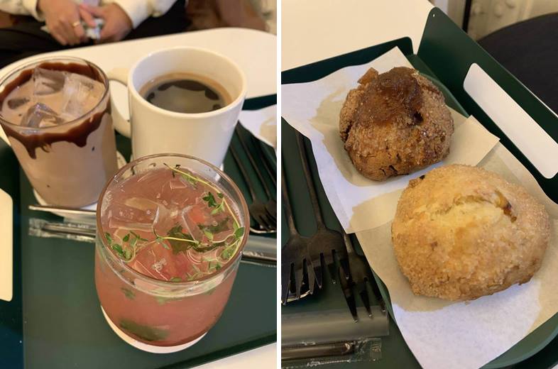 음료 3가지 종류 및 무화과 치즈 콘 스콘