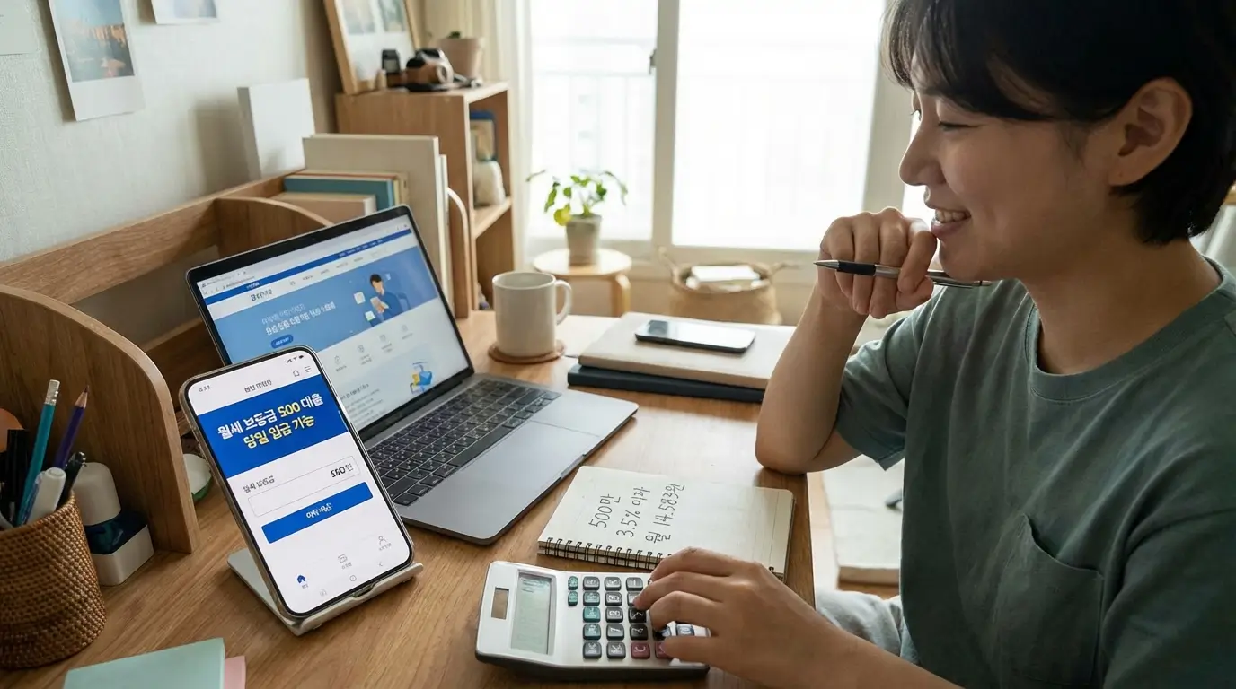 월세 보증금 500 대출 당일 입금 한도 및 이자 계산하는 모습