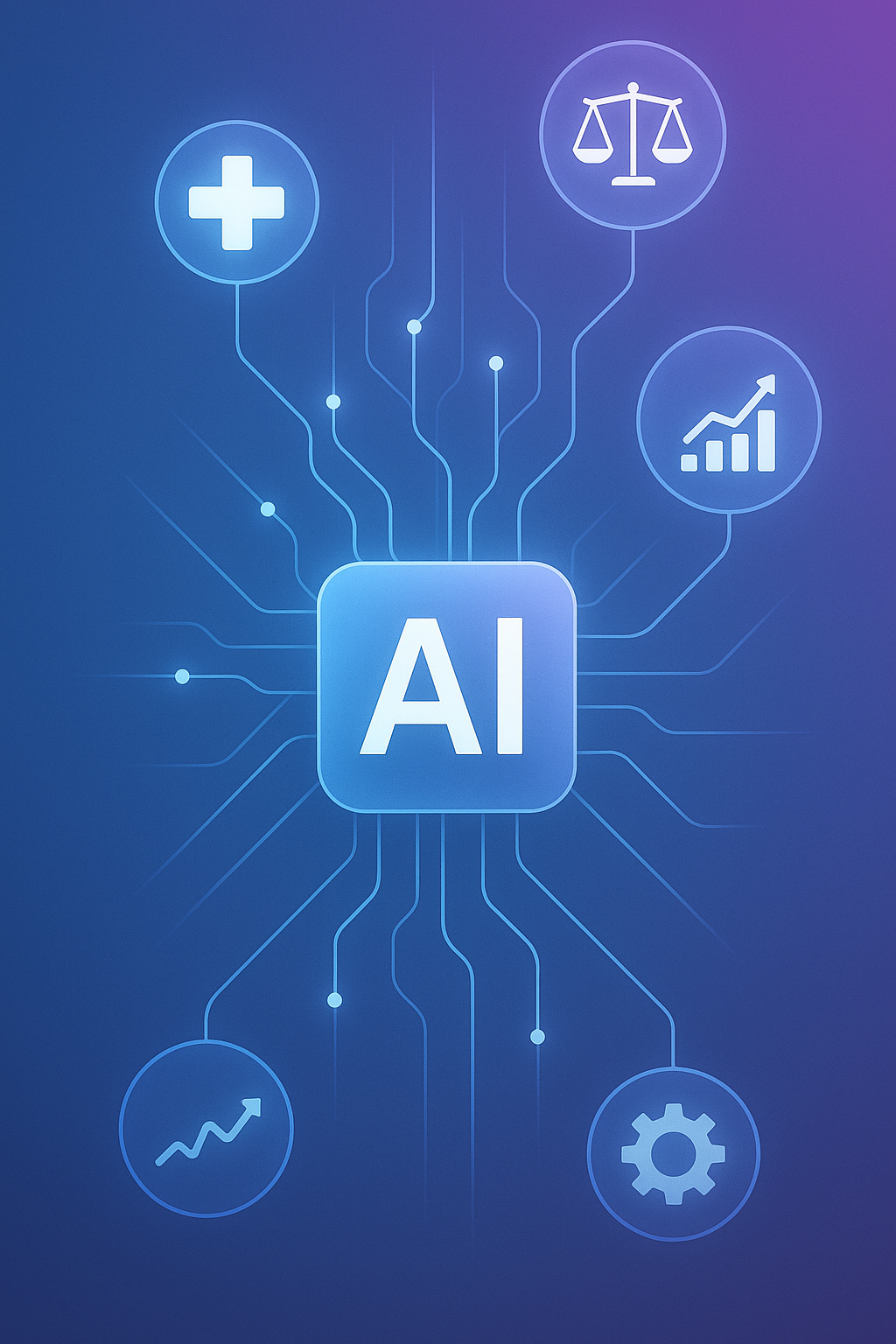 ertical AI industry applications showing healthcare, legal, finance and manufacturing sectors connected by AI neural networks for 2025 market trends