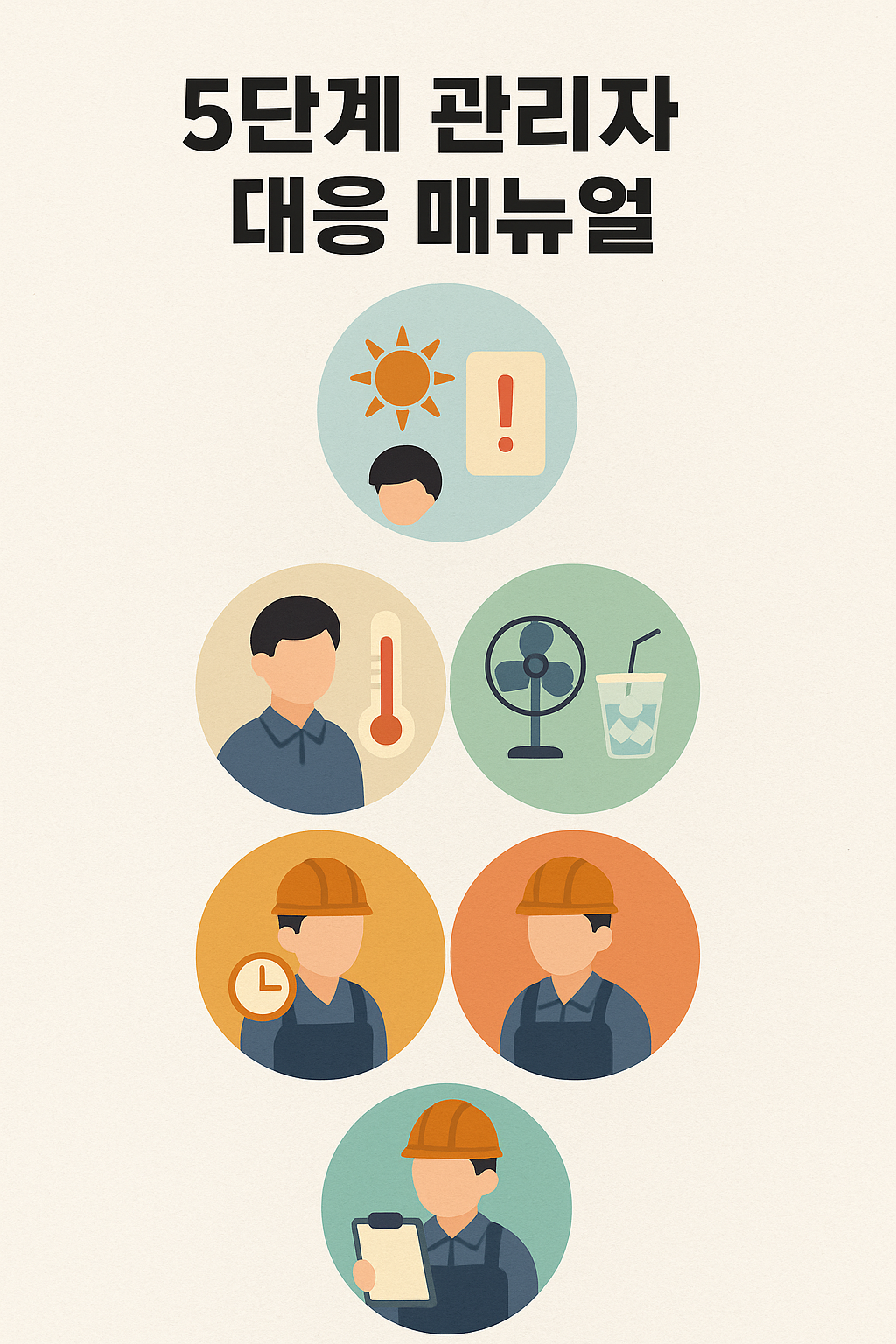 폭염경보 대응을 위한 5단계 관리자 수칙을 아이콘으로 구성한 관공서 스타일 인포그래픽