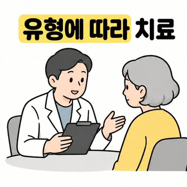 유형에 따라 치료가 달라진다는 문구와 의료진의 상담 일러스트