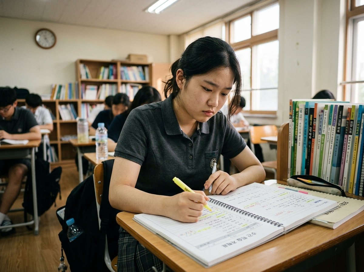 주간 학습 계획과 오답 노트를 점검하는 고등학생