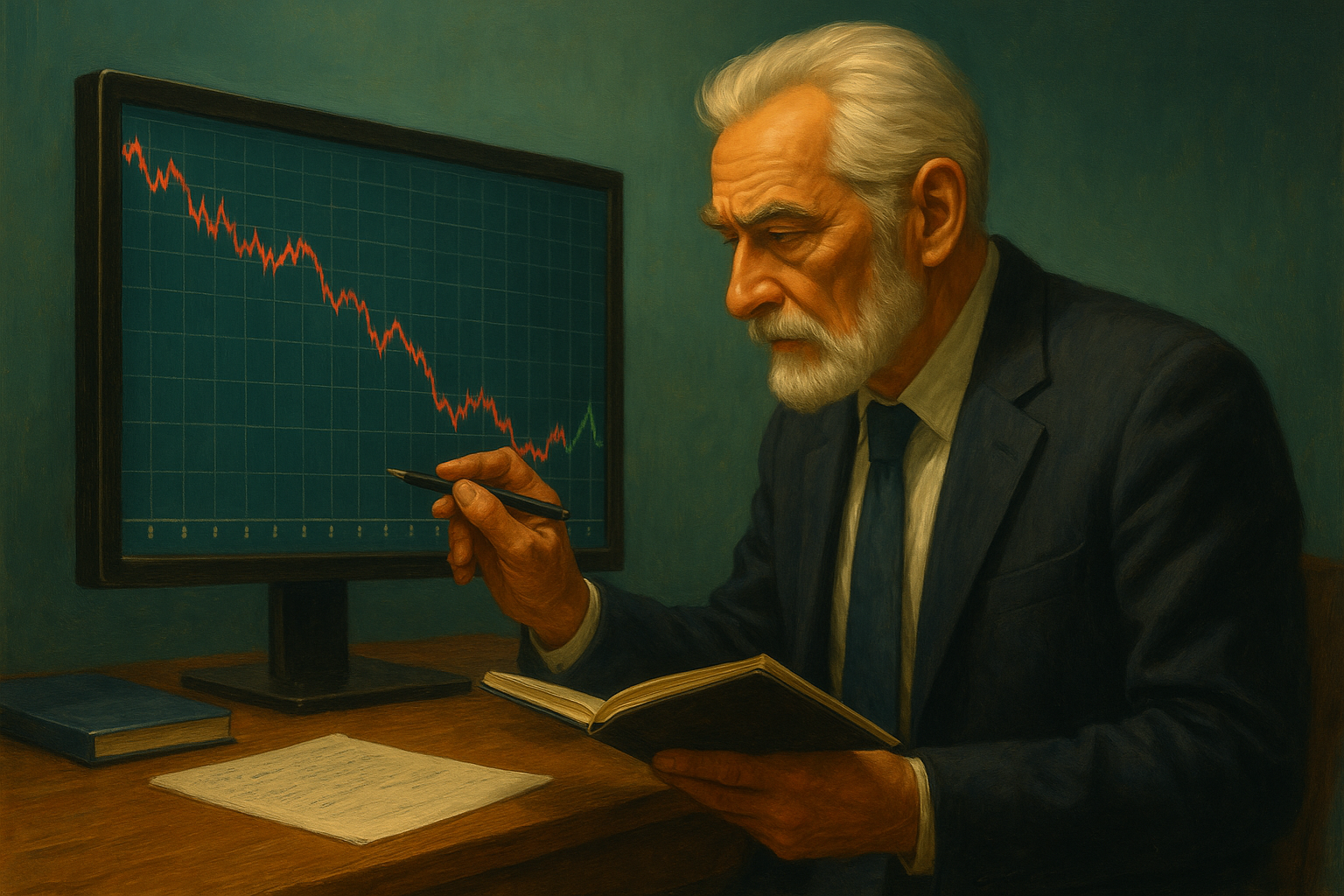 하락하는 주식 차트를 분석하며 노트에 기록하는 중년 투자자