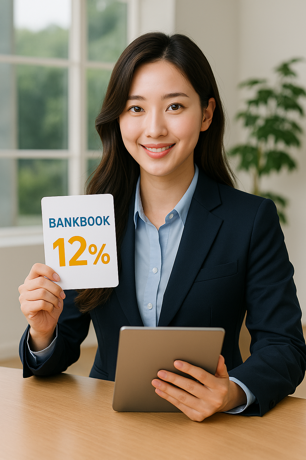 2025 고금리 적금 연 12% 홍보 이미지|정장을 입은 젊은 여성의 친절한 안내