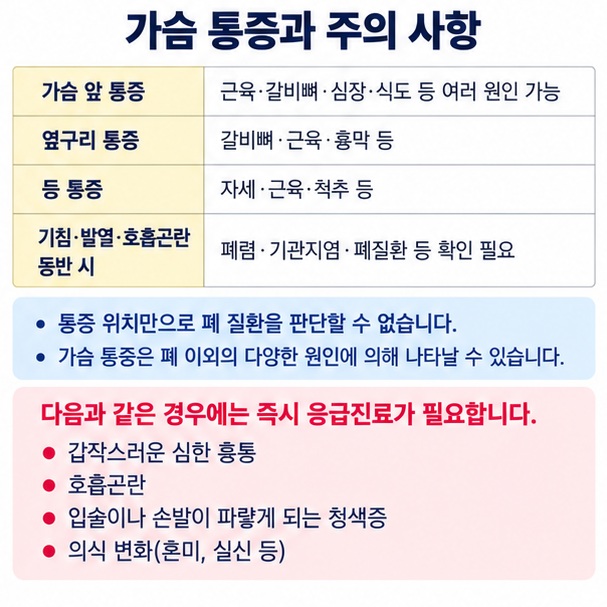 가슴 등 옆구리 통증은 폐만의 문제가 아니며 호흡곤란 등 동반 증상을 함께 확인해야 함을 보여주는 이미지
