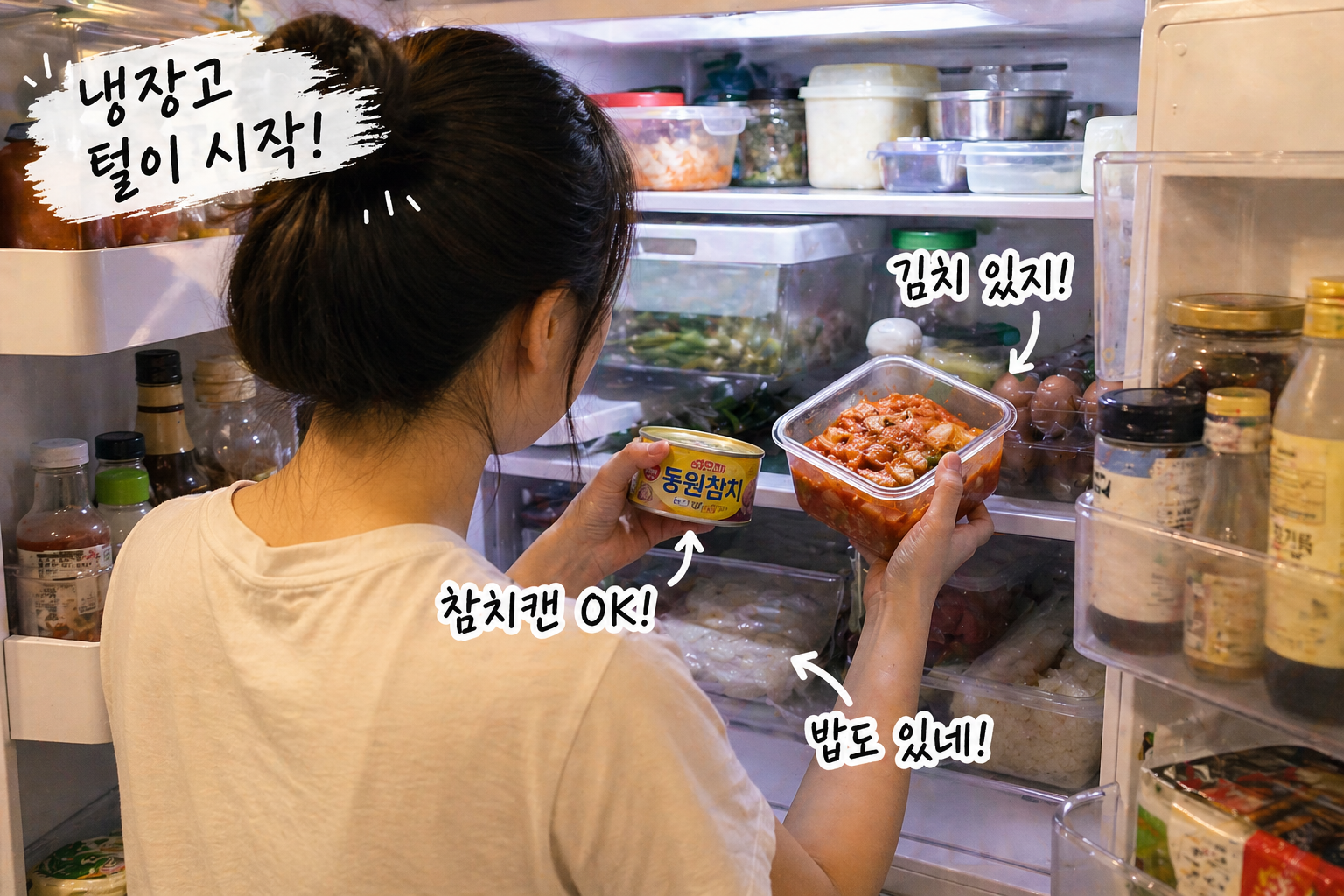 냉장고 문을 열고 재료를 찾는 사람이 참치김치볶음밥 재료를 꺼내는 장면