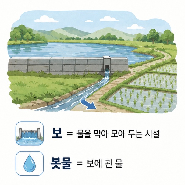 냇물을 막아 물을 모아 두는 보와 그곳에 괸 물인 봇물의 원래 의미를 설명한 이미지