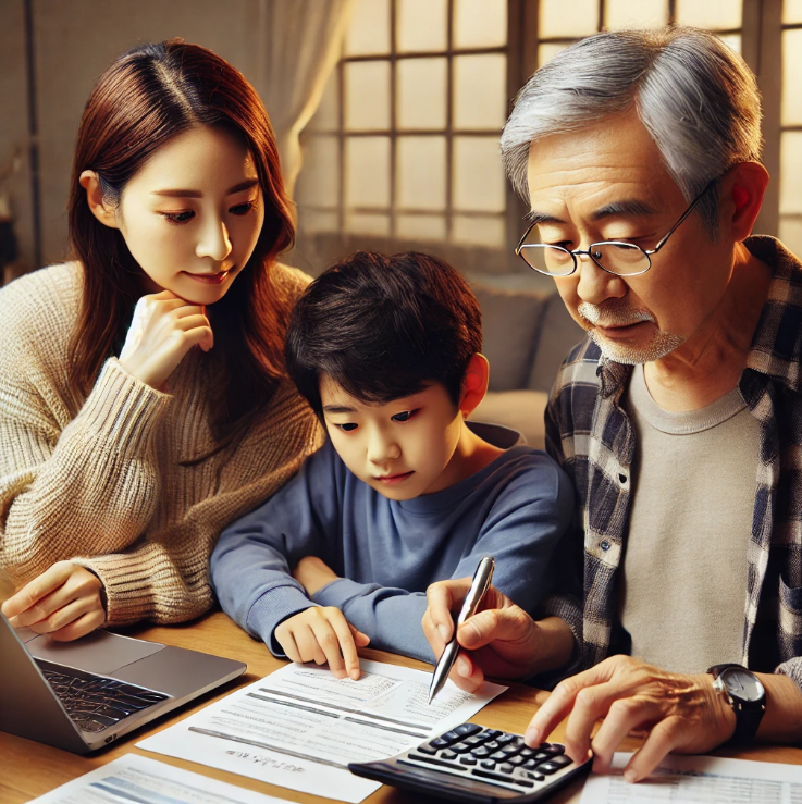 가족이 집에서 연금 신청 관련 서류를 보며 재정 계획을 세우는 모습