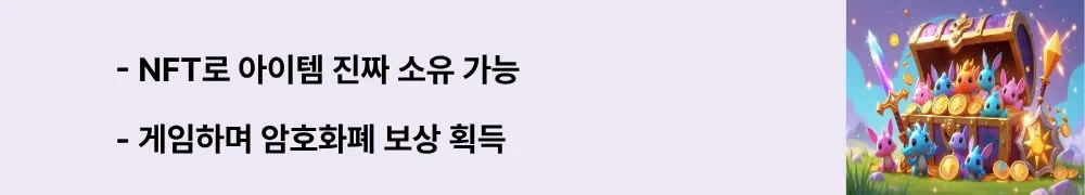 ‘NFT로 아이템 진짜 소유 가능, 게임하며 암호화폐 보상 획득’이라는 문구가 포함된 웹배너 이미지. 이 이미지는 게임파이(GameFi)의 기본 개념과 핵심 요소를 시각적으로 전달하며, 블록체인 게임의 차별성을 설명함 (GameFi basics, NFT ownership, Play to Earn).