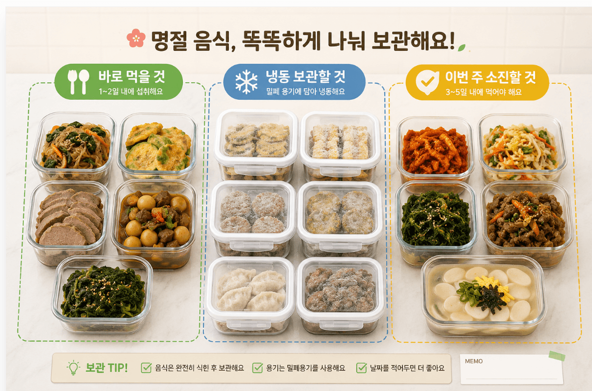 명절 음식을 바로 먹을 것&middot;냉동 전환&middot;이번 주 소진 세 구역으로 나눠 담은 냉장고 정리