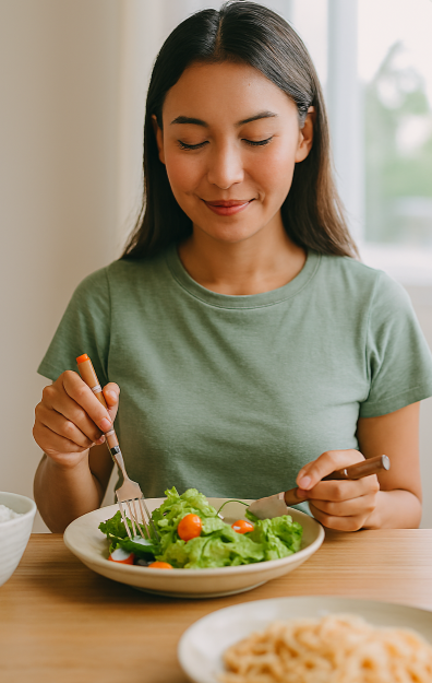 한 여성이 밥과 면 같은 탄수화물은 뒤쪽에 두고, 앞쪽에 있는 샐러드와 채소를 먼저 먹는 모습