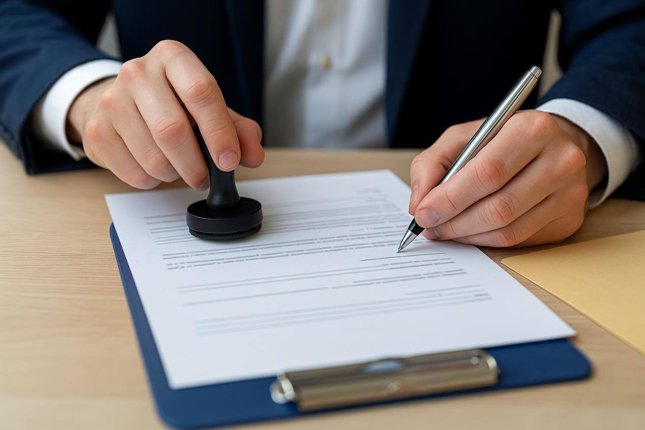 문서 위에 도장을 찍고 서명하는 관리자의 손 모습