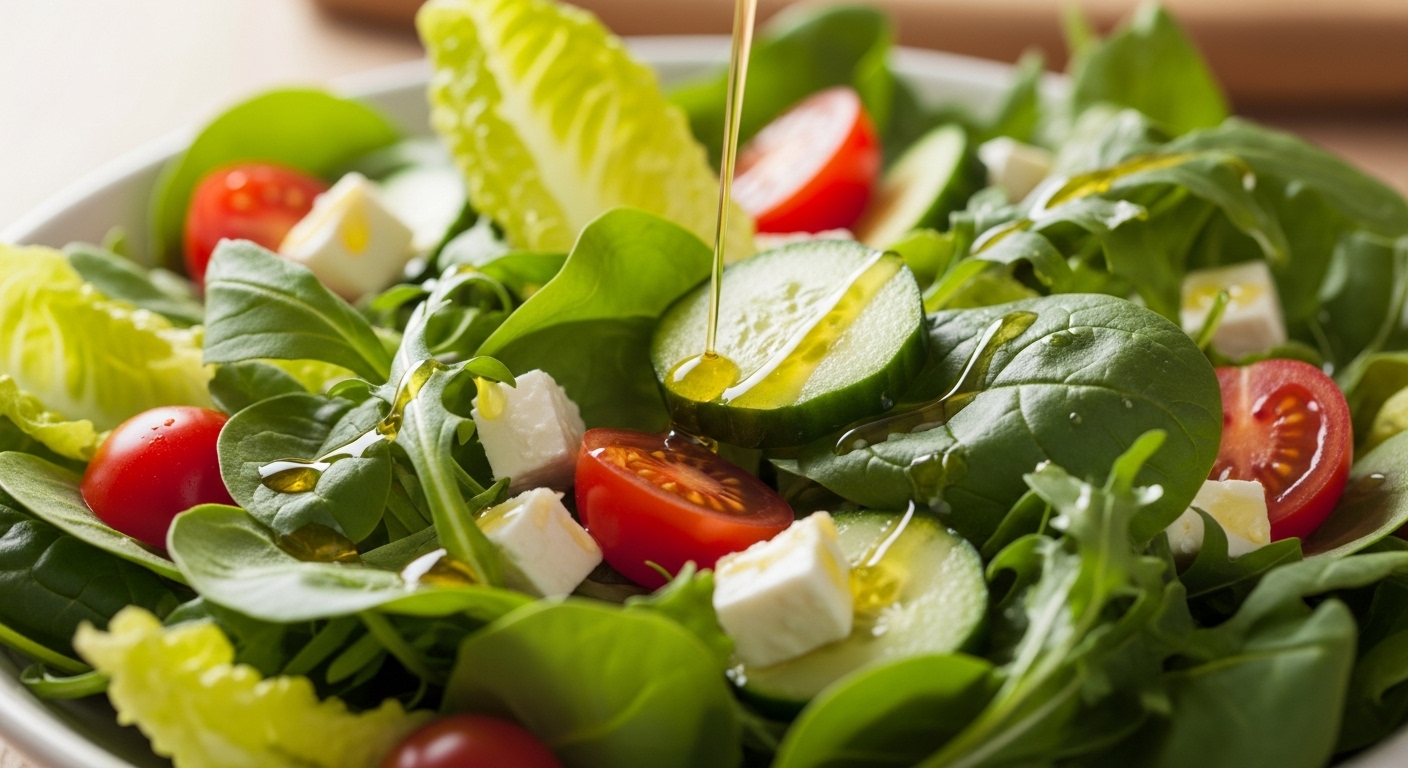 신선한 채소 샐러드에 황금빛 엑스트라 버진 올리브오일이 먹음직스럽게 뿌려진 모습.