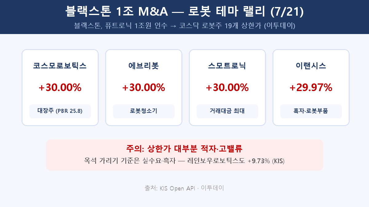 블랙스톤 퓨트로닉 1조원 인수로 촉발된 코스닥 로봇주 19개 상한가를 정리한 인포그래픽