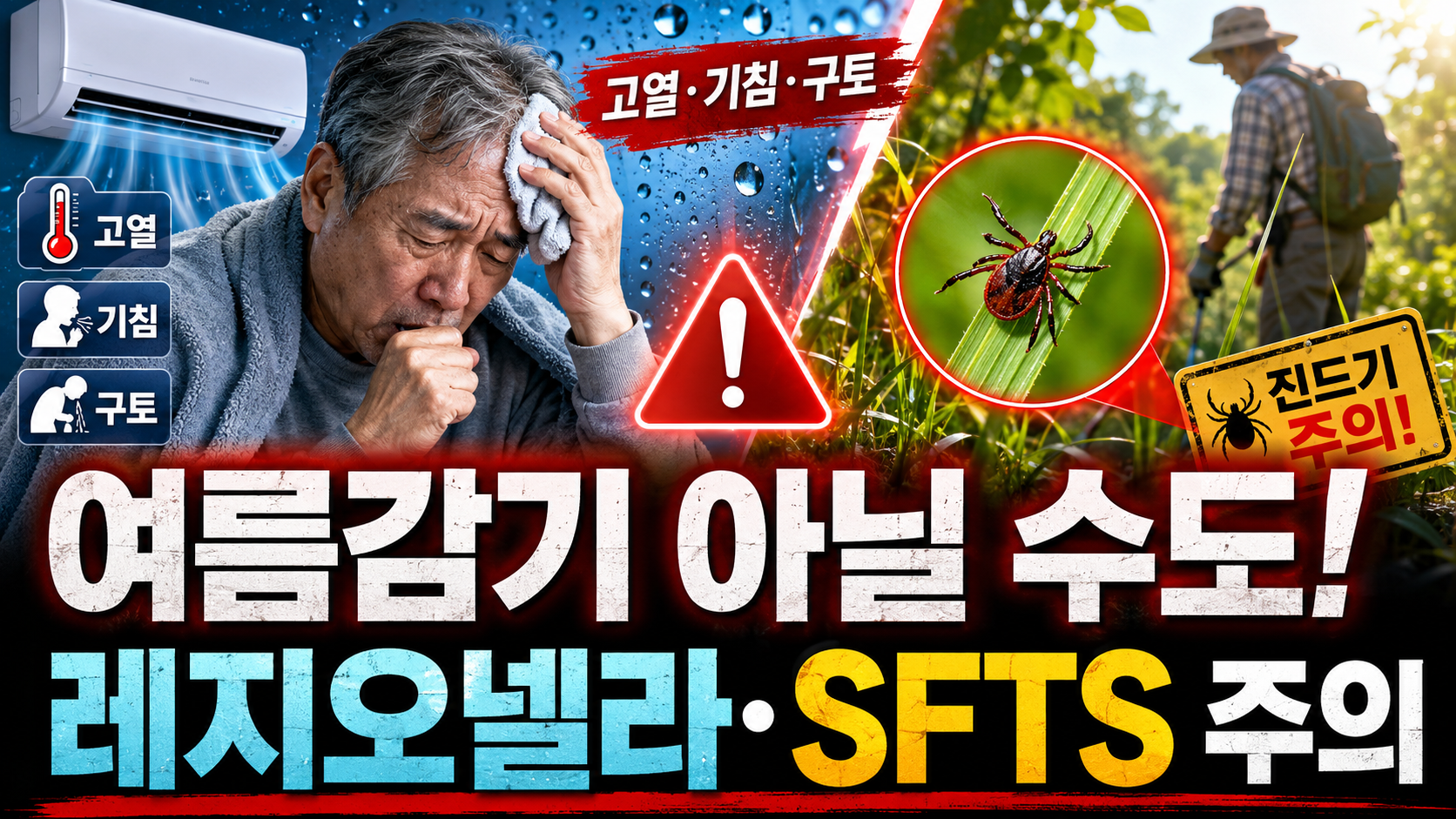 여름감기로 오인하기 쉬운 레지오넬라증과 SFTS 감염병의 증상, 감염 경로, 예방법을 정리한 건강 정보 이미지