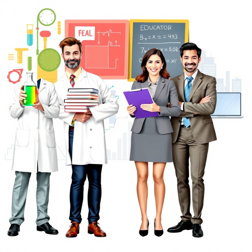 과학자, 교육자, 사회복지사, 경제 전문가 등 여러 분야의 사람들이 각자의 전문성을 상징하는 도구나 배경 앞에서 자신감 있는 모습으로 서 있는 장면을 연출합니다.