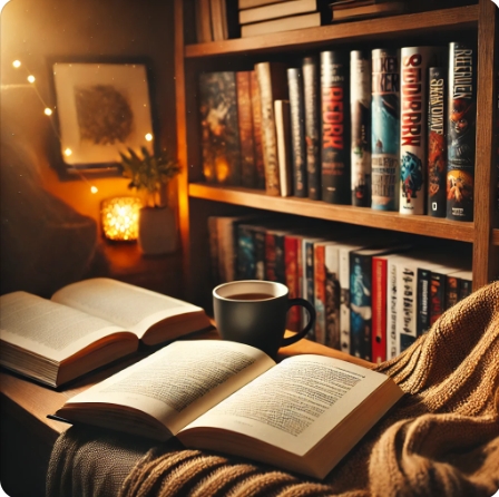 따뜻한 조명 아래 열린 책과 커피, 아늑한 독서 공간