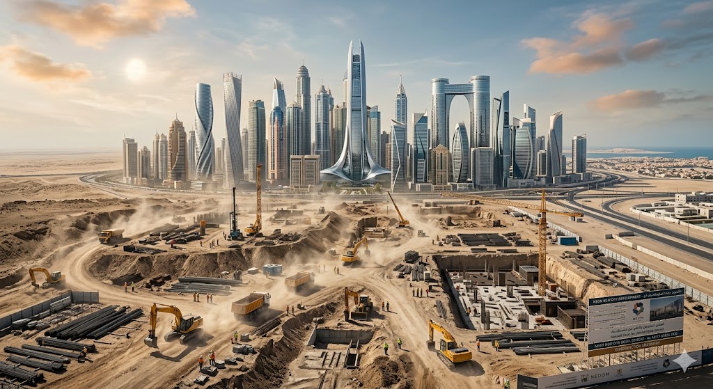 흙먼지가 날리는 중동의 건설 현장 뒤로 성벽처럼 솟아오른 현대적인 마천루 조감도 이미지