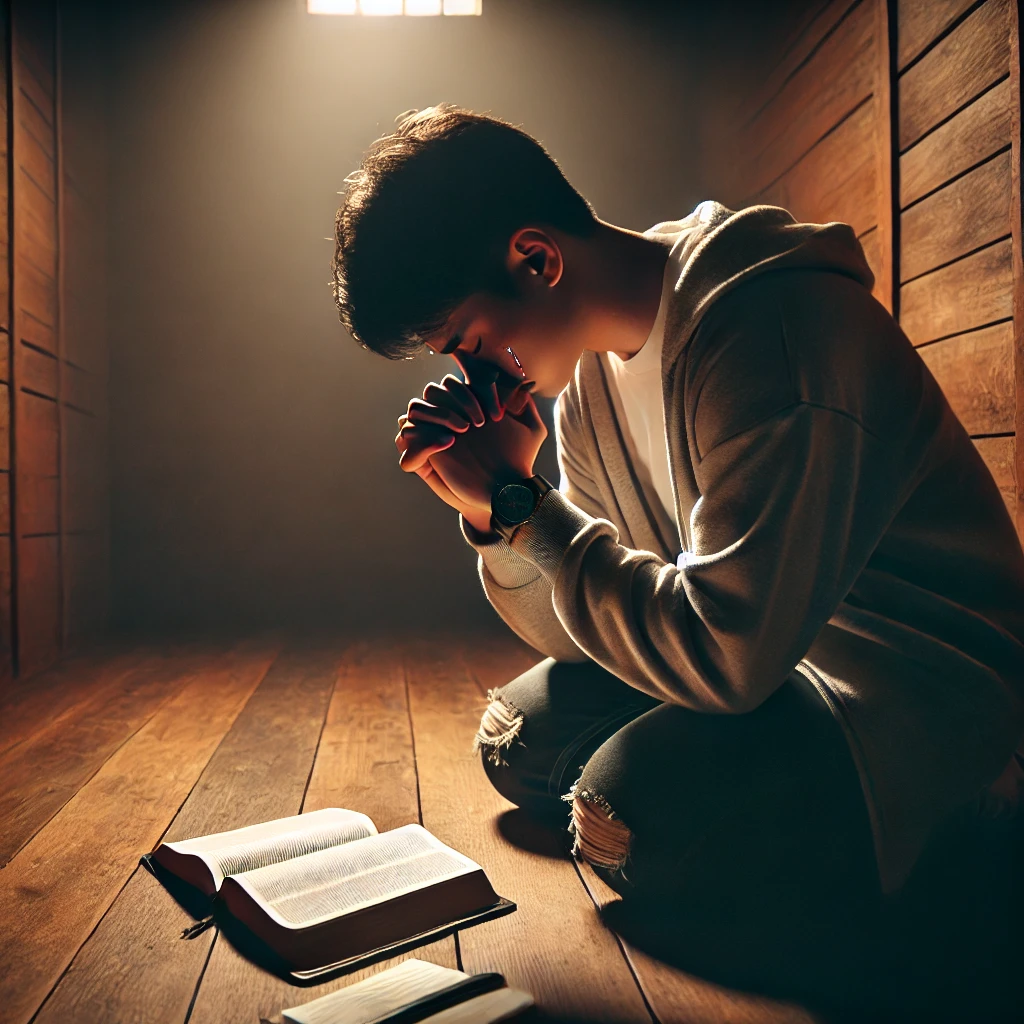 회개와 반성의 시간을 보내는 모습을 담은 이미지가 있습니다. 조용한 방 안에서 무릎을 꿇고 기도하며, 눈물을 흘리는 모습이 깊은 회개와 영적 결단을 표현합니다. 하나님의 임재를 상징하는 따뜻한 빛이 내리쬐며, 성경과 메모들이 함께 놓여 있어 거룩한 묵상의 순간을 강조하고 있습니다. 🙏📖✨