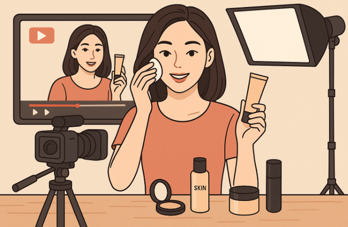 유튜브를 이용하여 화장 컨텐츠를 제작하는 여성 이미지