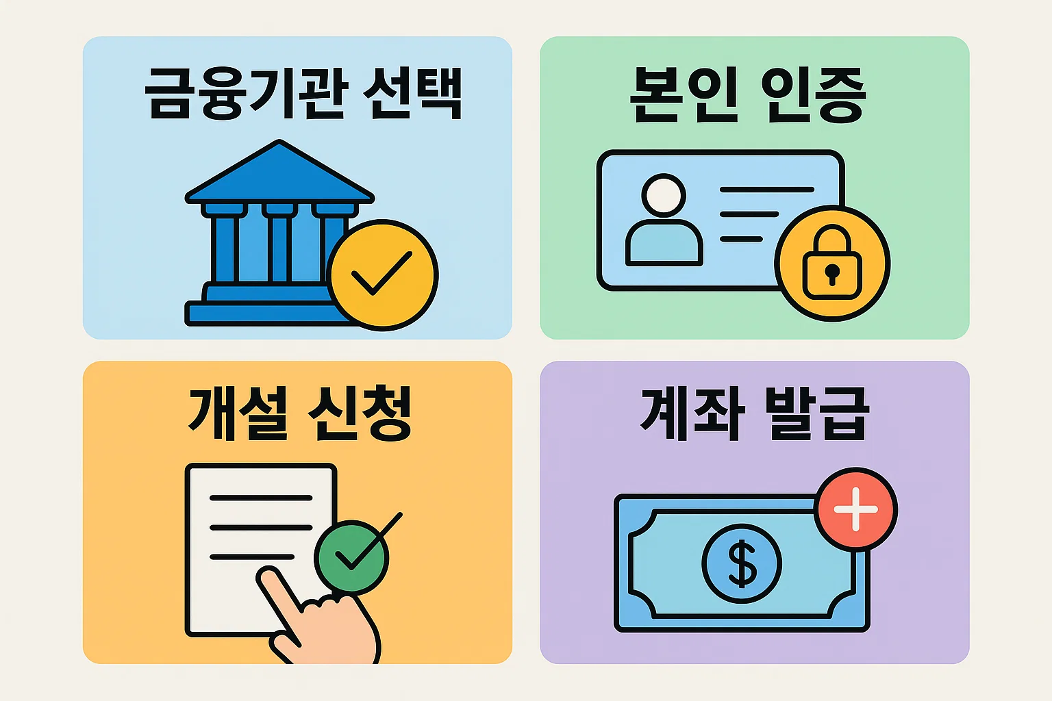 IRP 계좌 개설 시 금융기관 선택부터 본인 인증, 개설 신청, 계좌 발급까지 필요한 주요 단계를 간단하고 직관적으로 보여주는 절차 요약 인포그래픽입니다. 처음 이용하는 사람도 쉽게 이해할 수 있는 흐름 설명 이미지입니다.