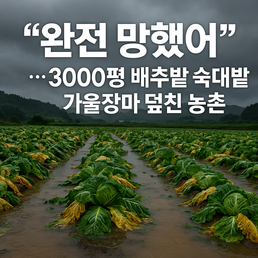 “가을장마로 침수된 배추밭 전경 — 빗물에 잠긴 3000평 규모의 밭에서 시든 배추들이 줄지어 늘어져 있고, 흐린 하늘 아래 ‘완전 망했어… 3000평 배추밭 쑥대밭, 가을장마 덮친 농촌’이라는 문구가 적힌 뉴스형 썸네일 이미지.”