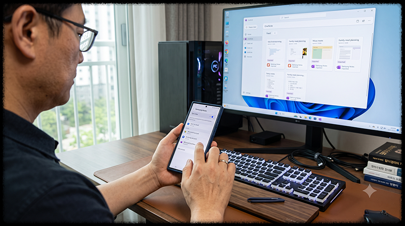 갤럭시 Samsung Notes를 Microsoft OneNote와 연결해 Windows에서 확인하는 모습