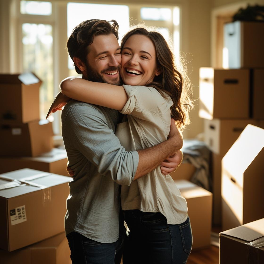 신혼부부가 이사 후 끌어안고 웃는 모습