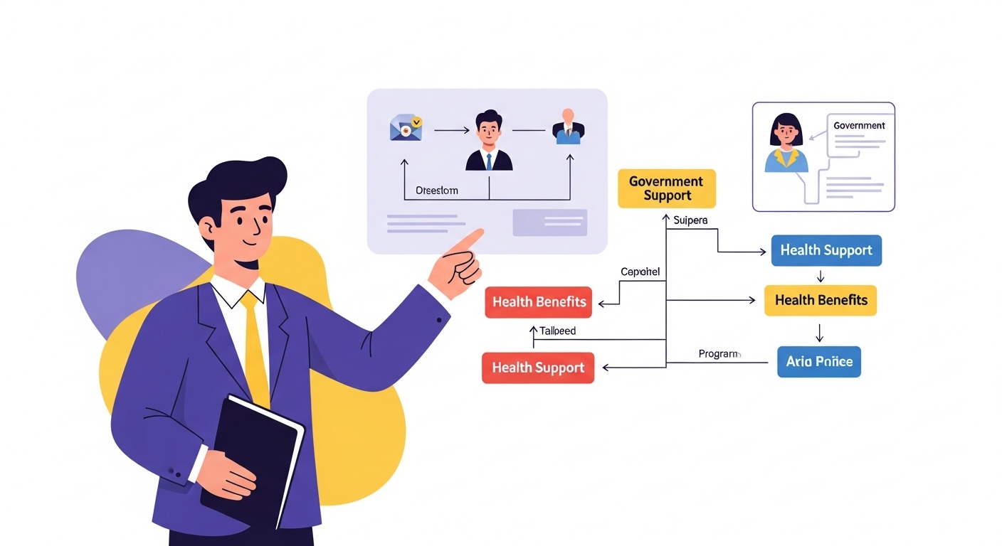 전문가가 복잡한 정부지원 프로그램 흐름도를 가리키며 설명하는 모습. 나에게 맞는 지원금을 찾는 과정을 안내하는 것을 상징합니다.